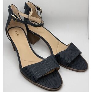 Clarks Women's Navy Leather Block Heel Ankle Strap Sandals Size 11
